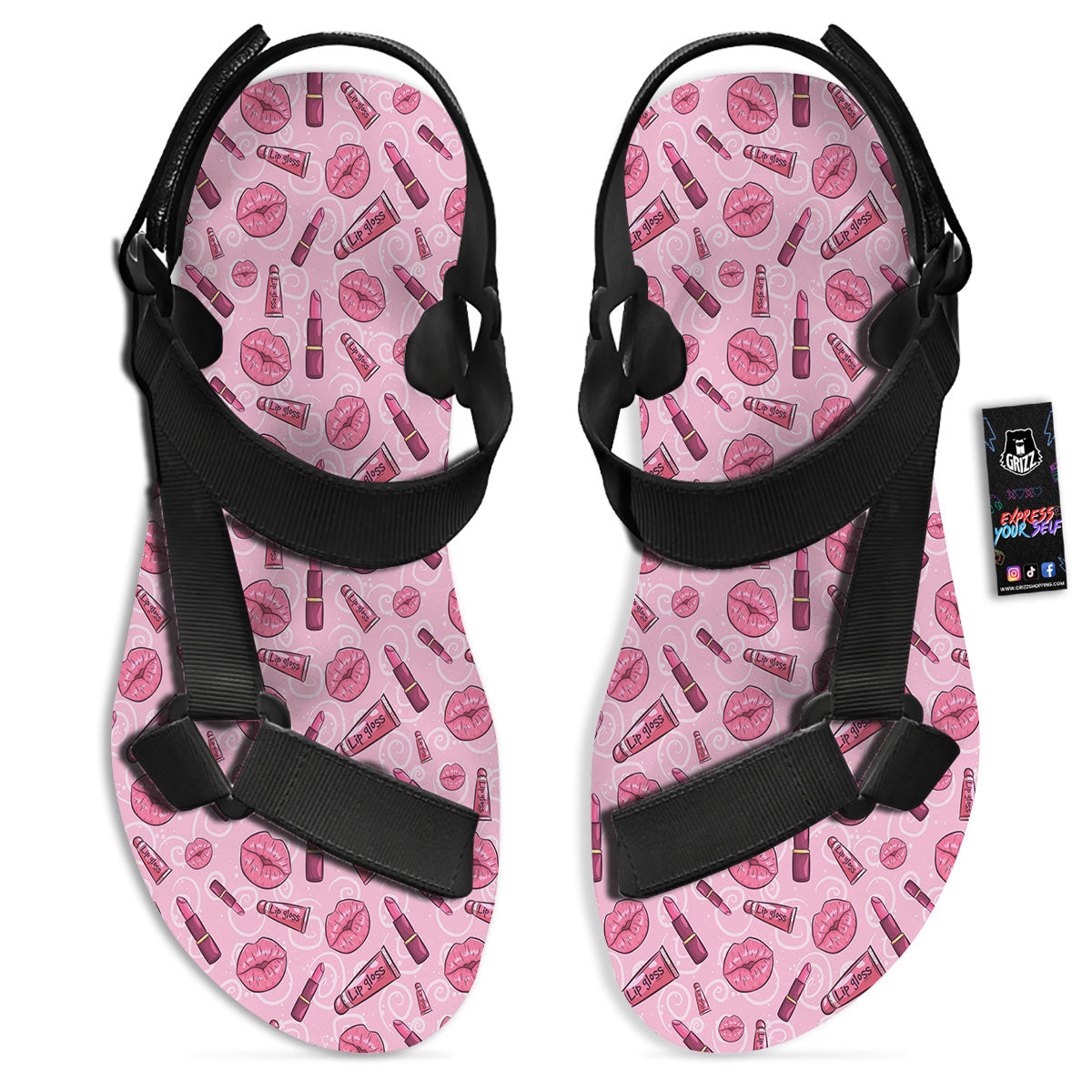 Lips Funky Kiss Print Pattern Black Open Toe Sandals-grizzshop