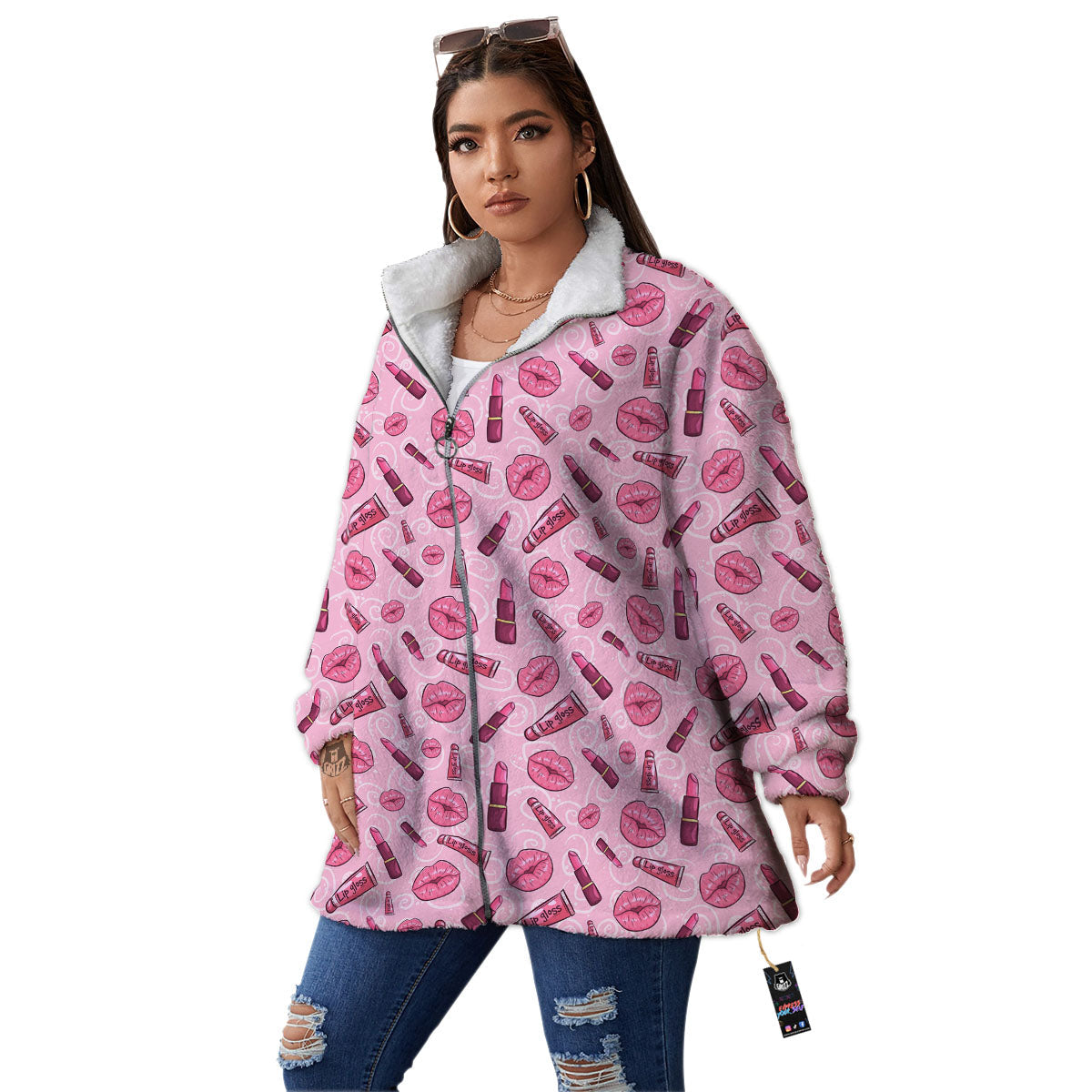 Lips Funky Kiss Print Pattern Women's Sherpa Jacket-grizzshop