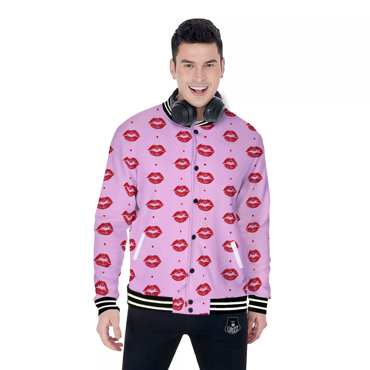 Lips Pink And Red Print Pattern Baseball Jacket-grizzshop