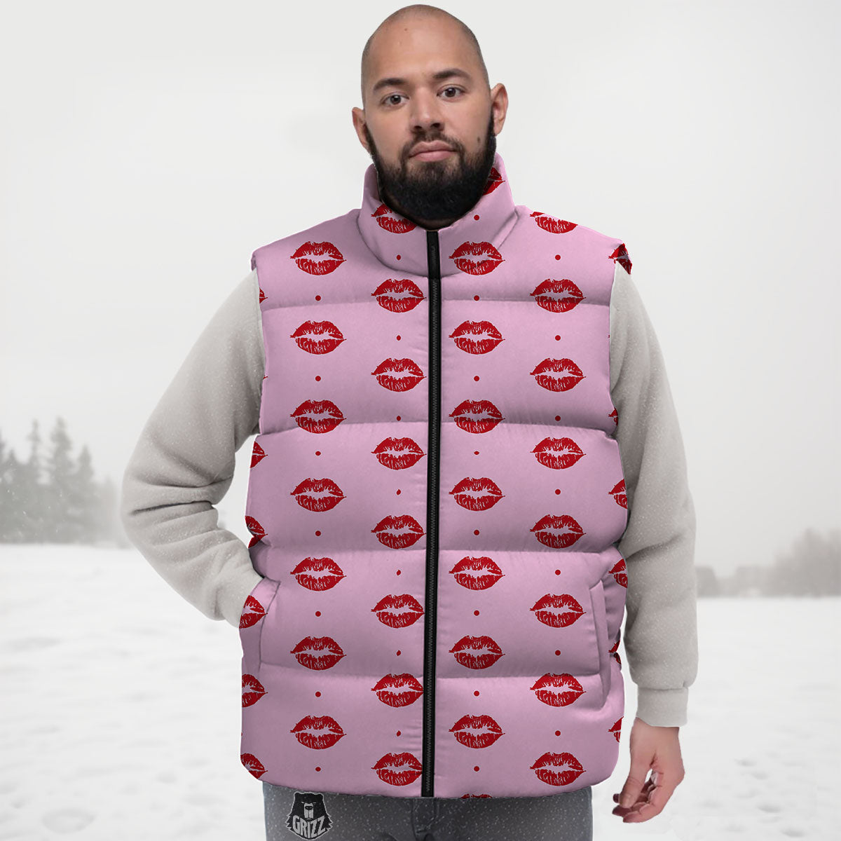 Lips Pink And Red Print Pattern Down Vest-grizzshop