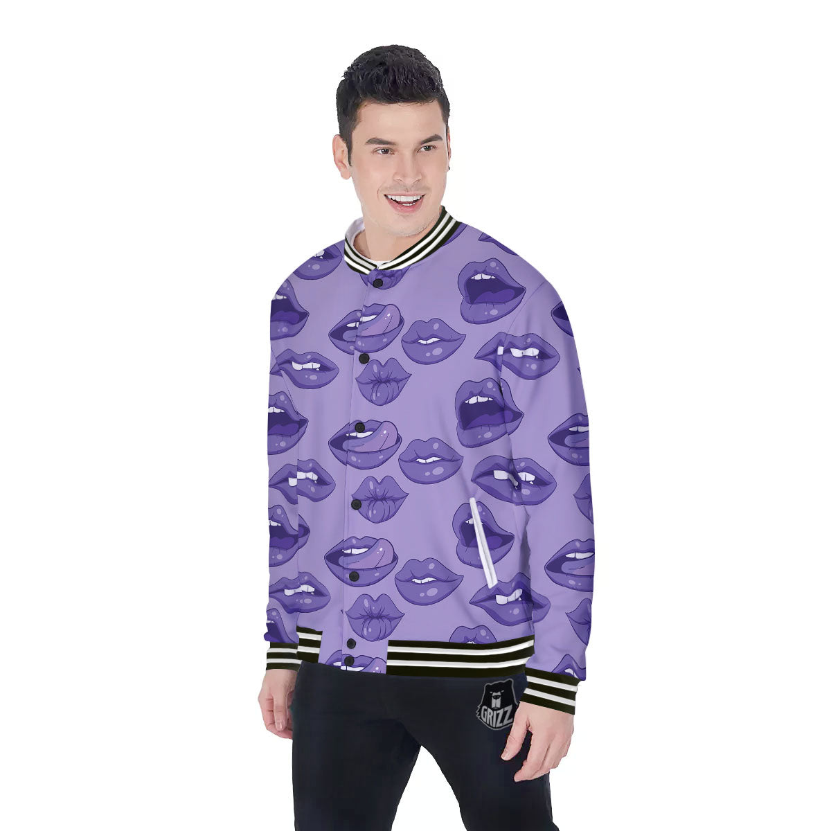 Lips Purple Print Pattern Baseball Jacket-grizzshop