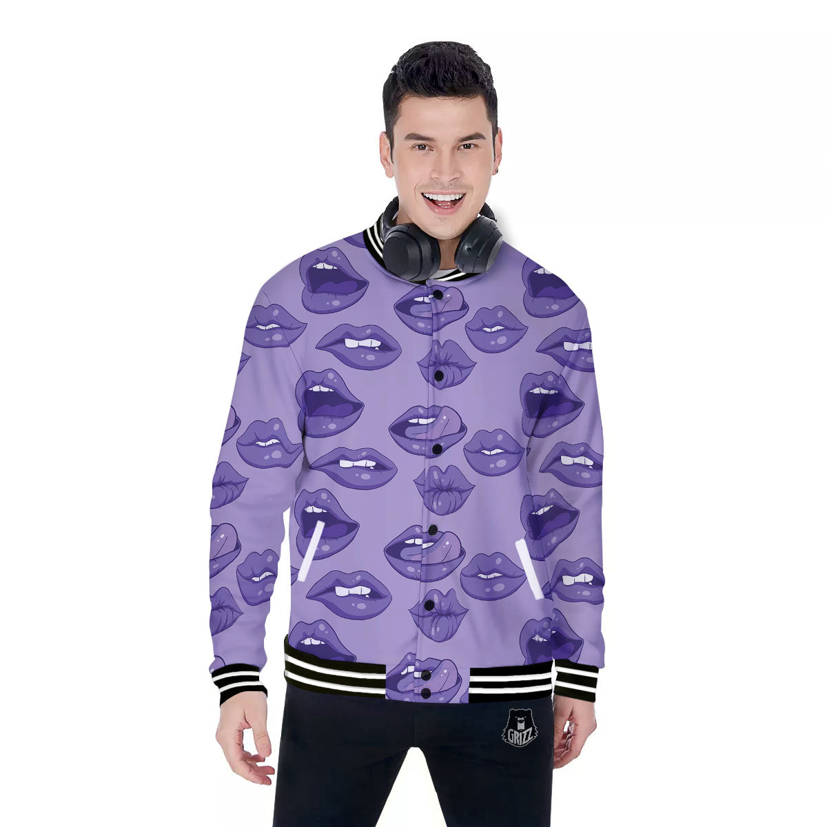 Lips Purple Print Pattern Baseball Jacket-grizzshop