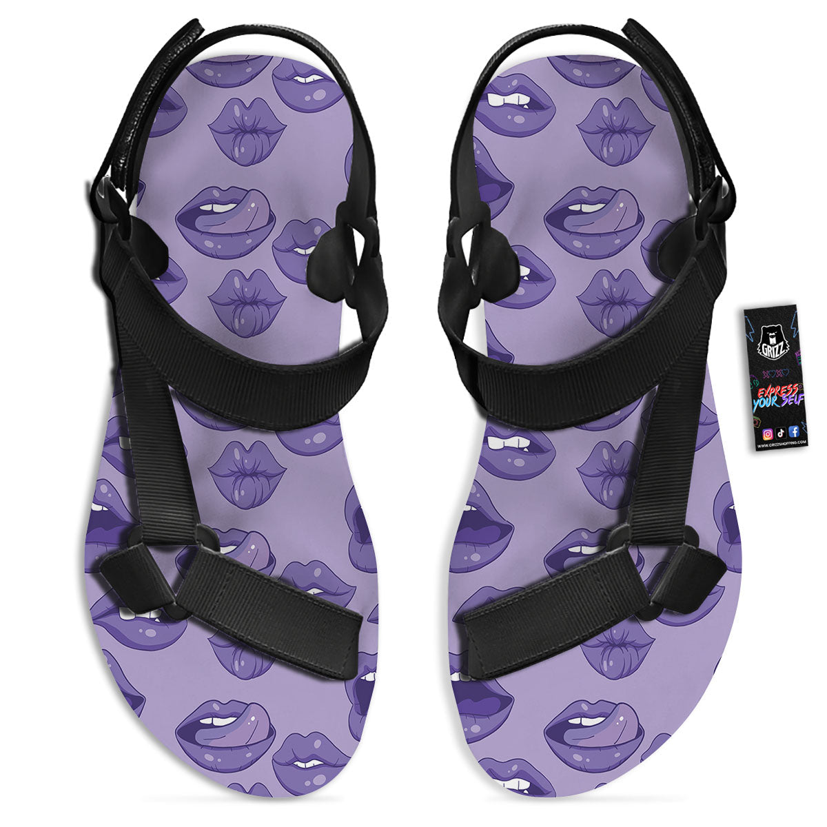 Lips Purple Print Pattern Black Open Toe Sandals-grizzshop