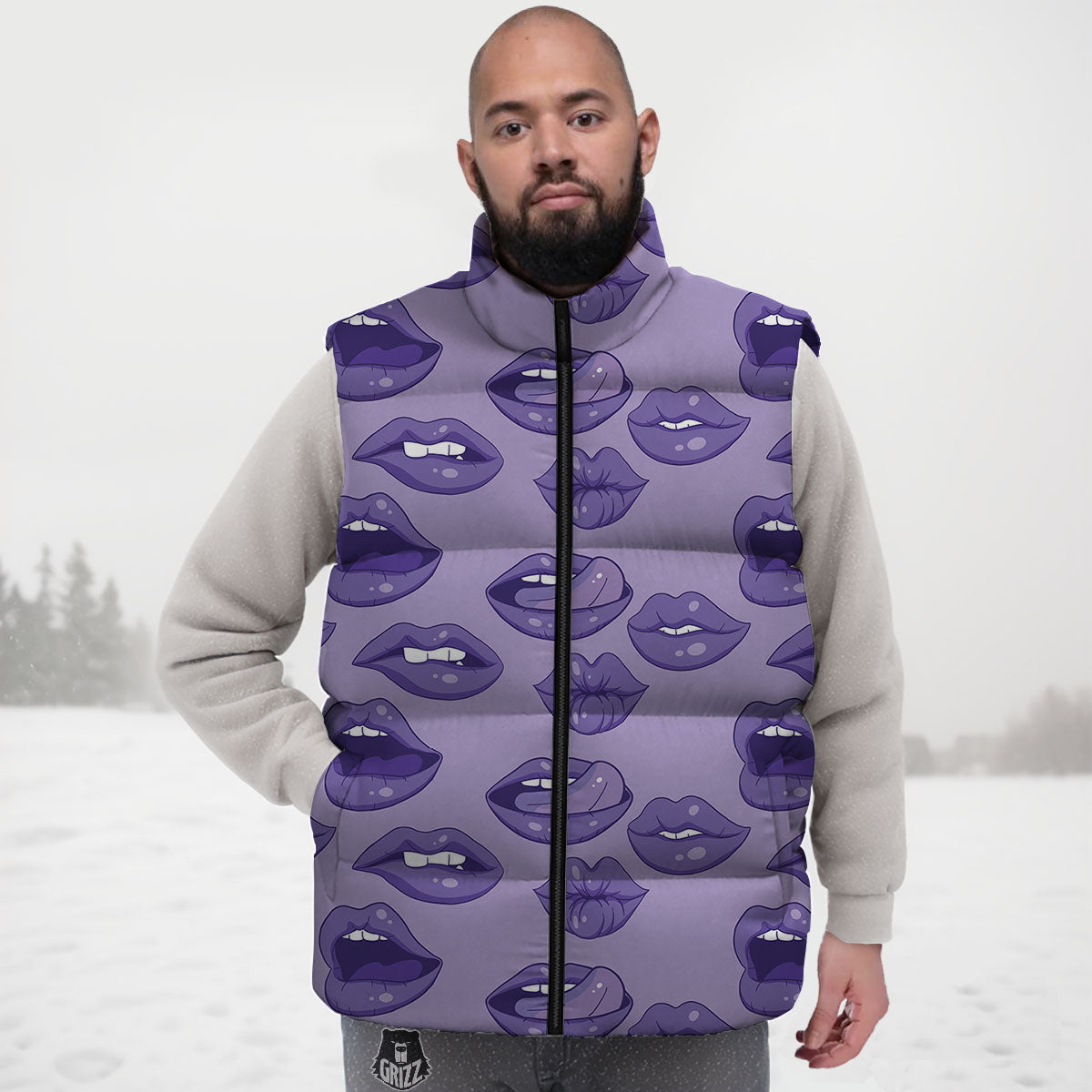 Lips Purple Print Pattern Down Vest-grizzshop