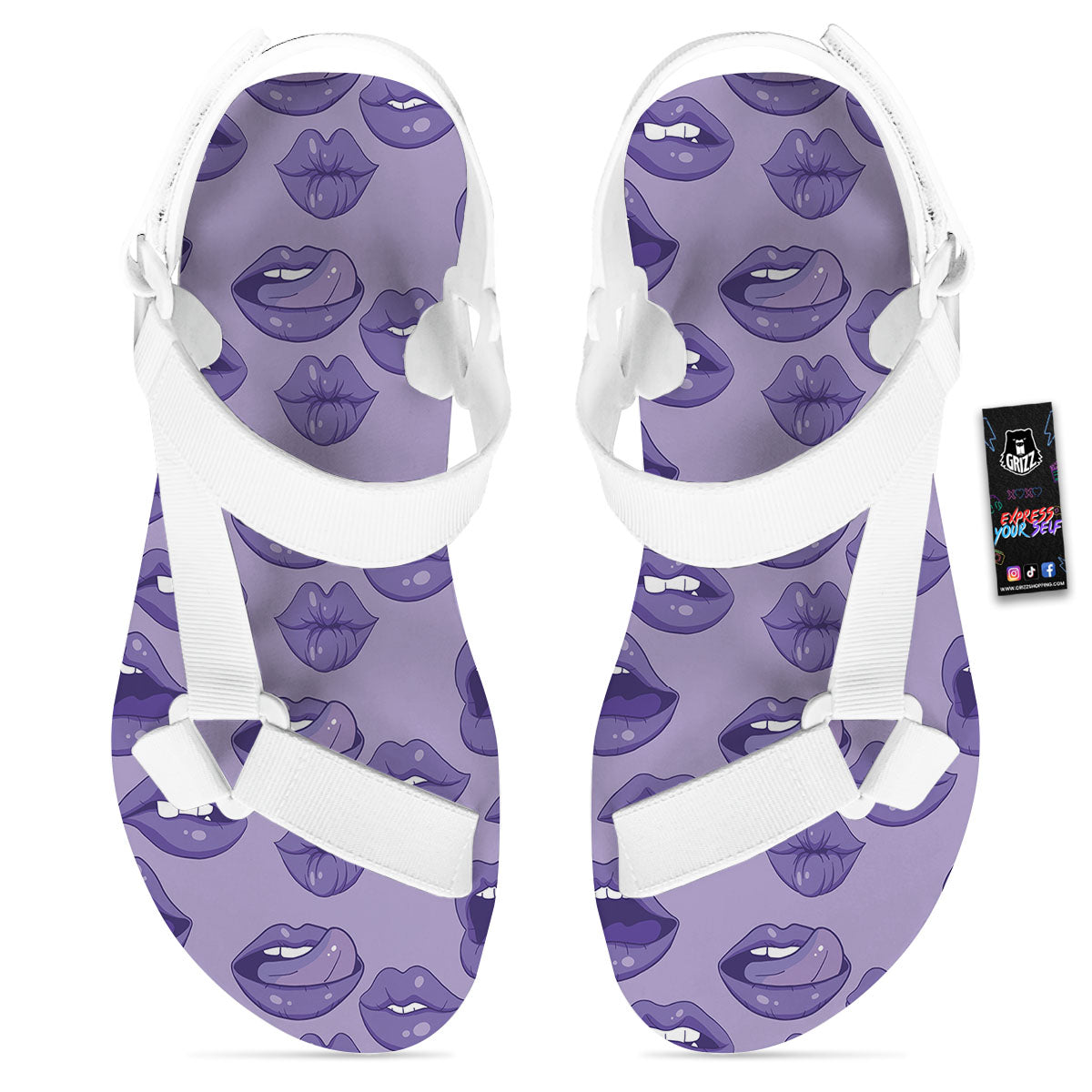 Lips Purple Print Pattern White Open Toe Sandals-grizzshop