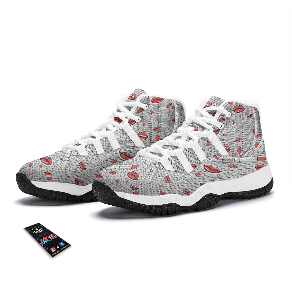 Lipstick Red Lips Pattern Print White Bball Shoes-grizzshop