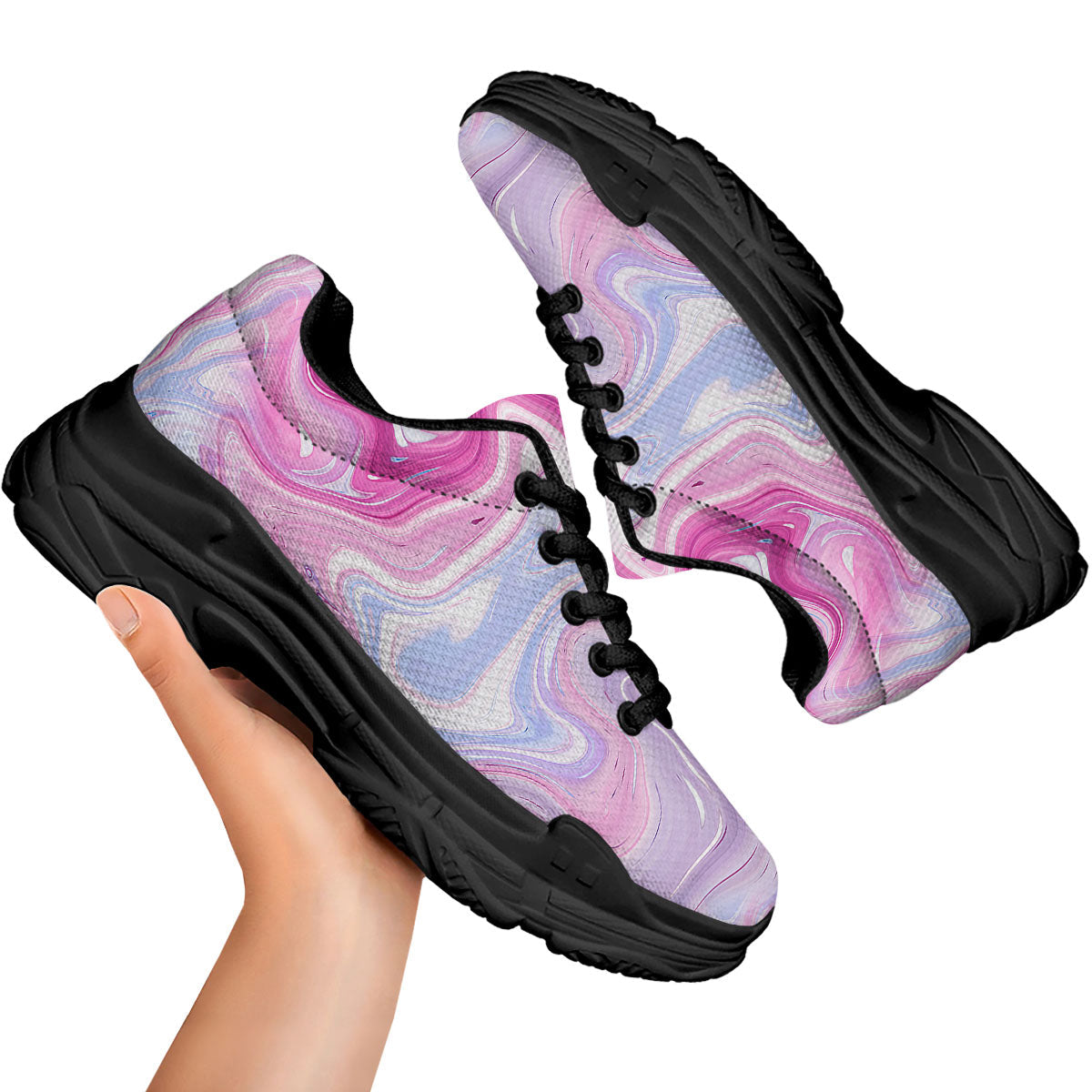 Liquid And Fluid Marble Pink Print Black Chunky Shoes-grizzshop