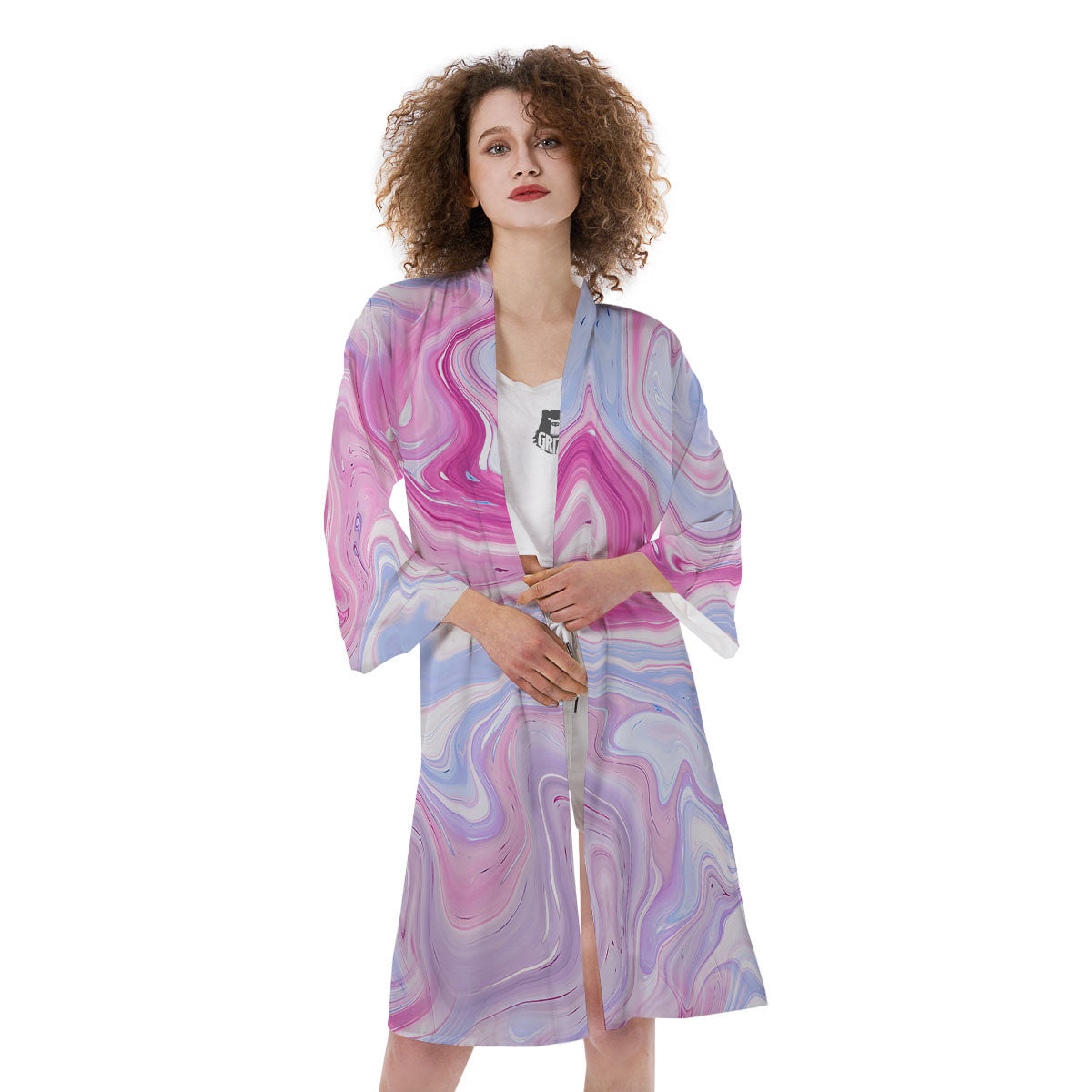 Liquid And Fluid Marble Pink Print Kimono-grizzshop