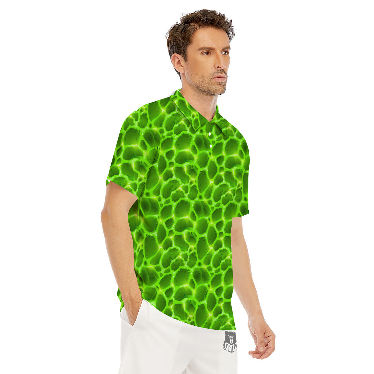 Liquid Lava Green Neon Print Pattern Men's Golf Shirts-grizzshop