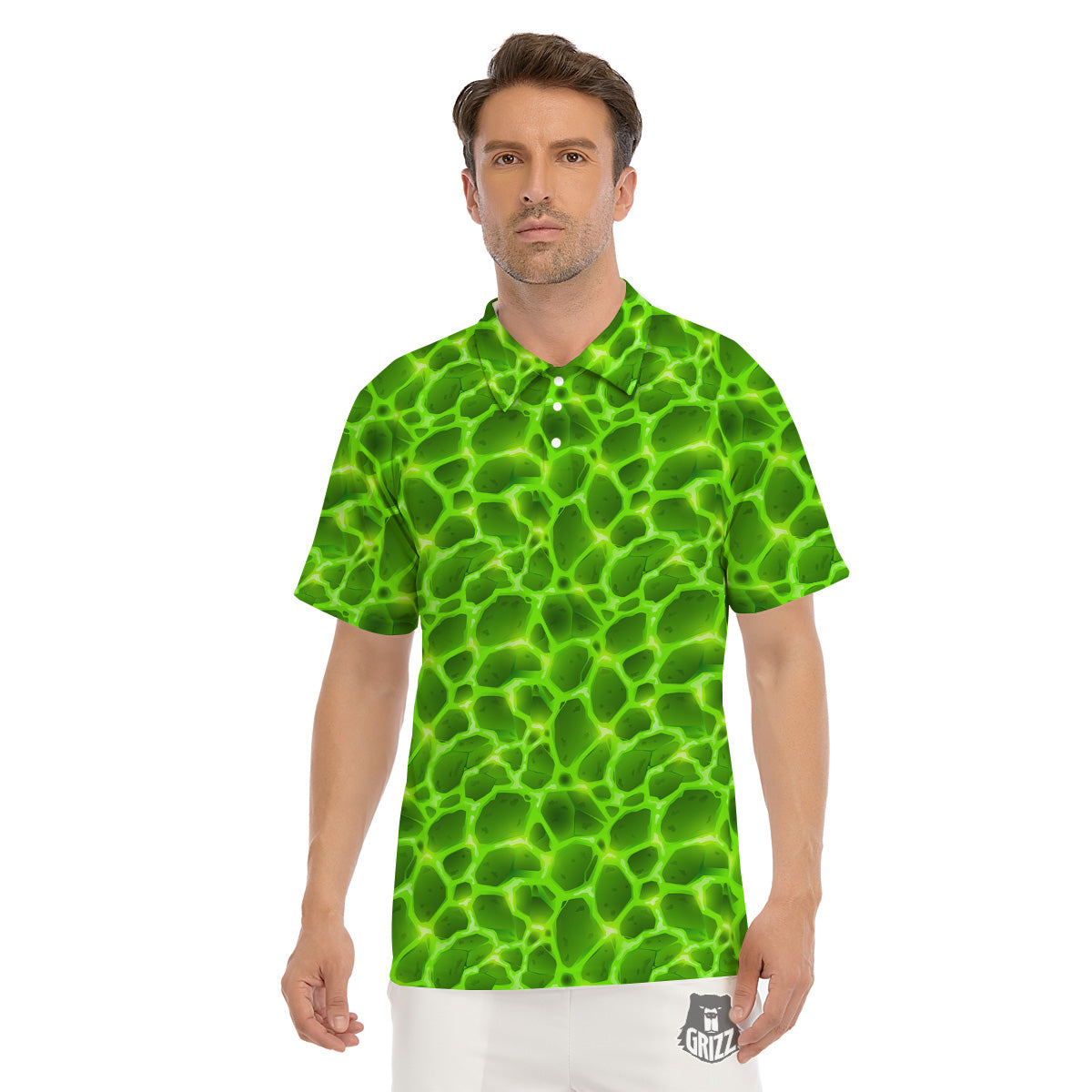Liquid Lava Green Neon Print Pattern Men's Golf Shirts-grizzshop