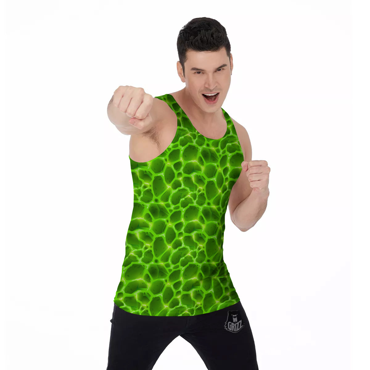Liquid Lava Green Neon Print Pattern Men's Tank Top-grizzshop