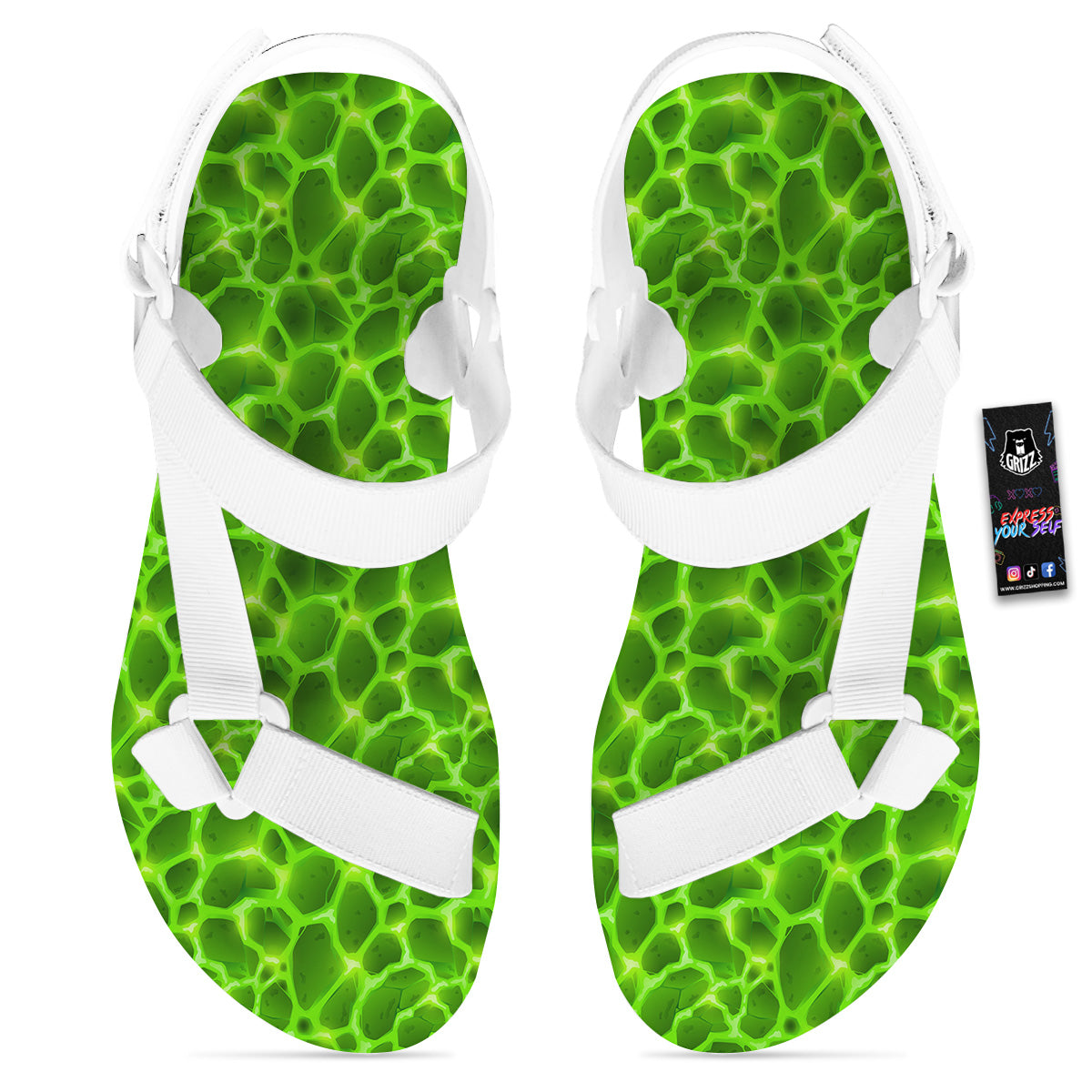 Liquid Lava Green Neon Print Pattern White Open Toe Sandals-grizzshop