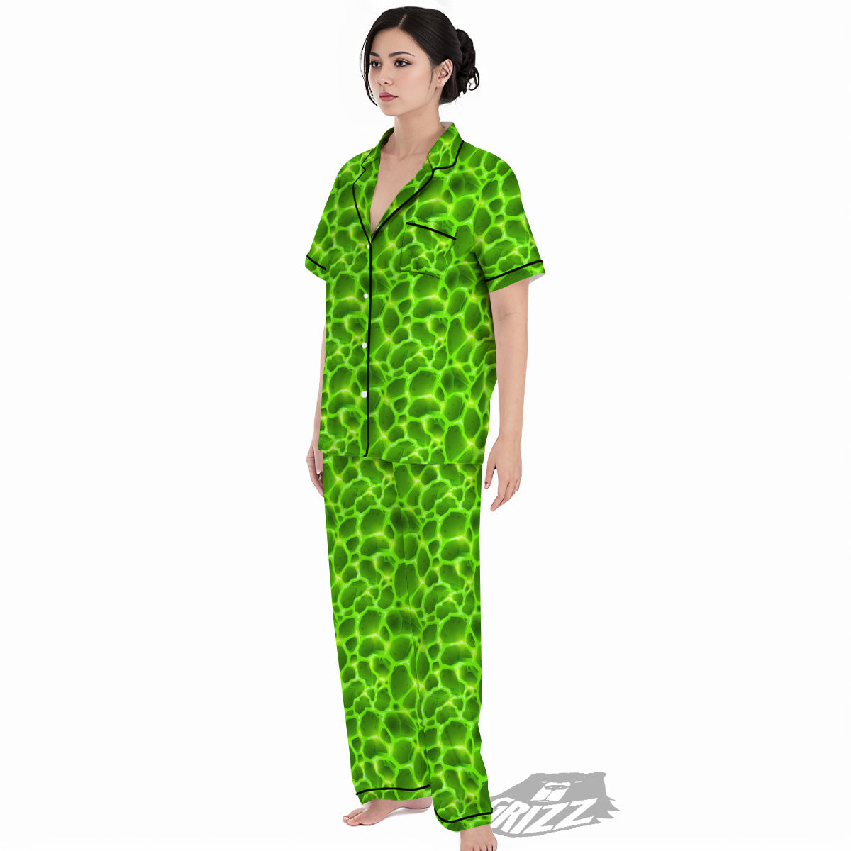 Liquid Lava Green Neon Print Pattern Women's Pajamas Set-grizzshop