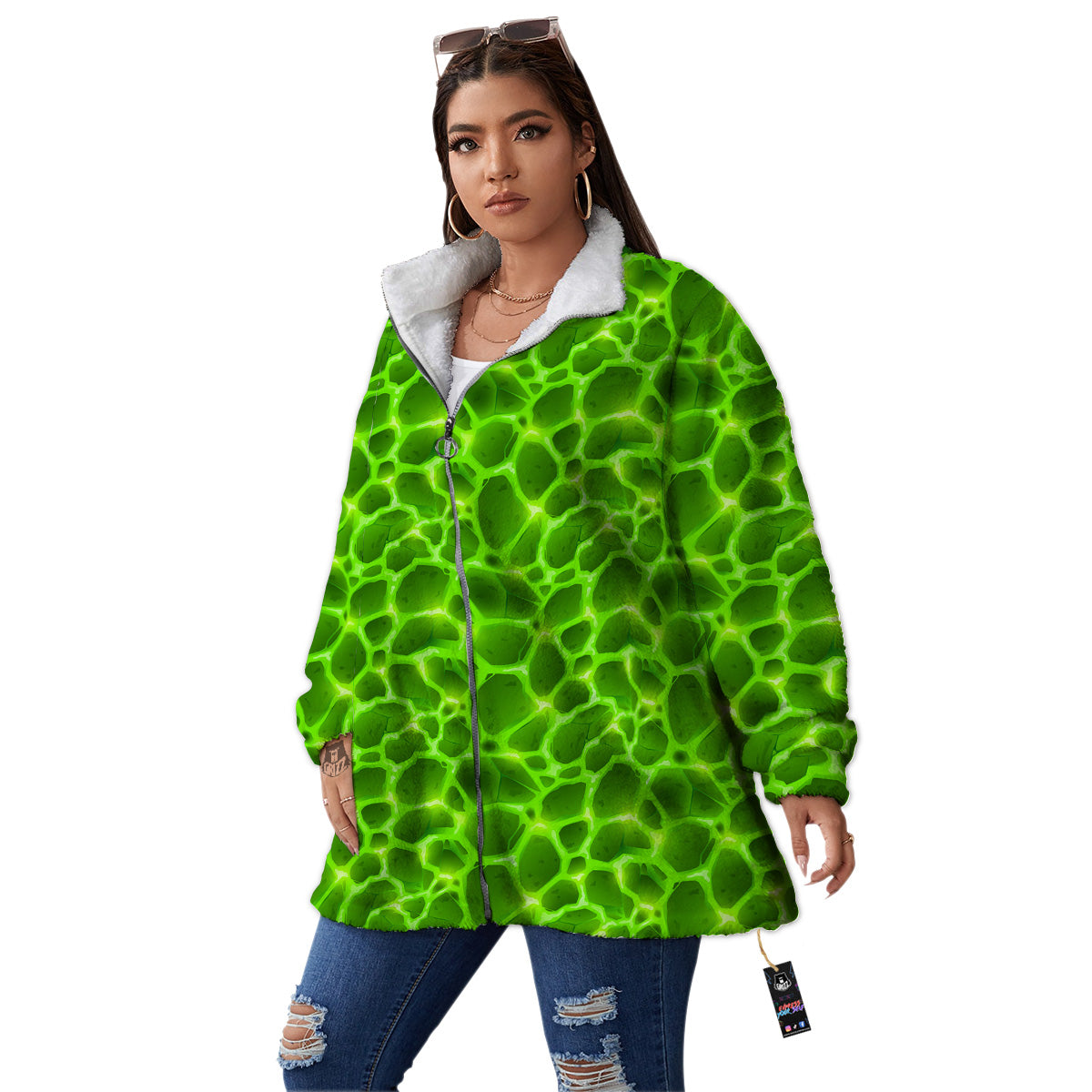 Liquid Lava Green Neon Print Pattern Women's Sherpa Jacket-grizzshop