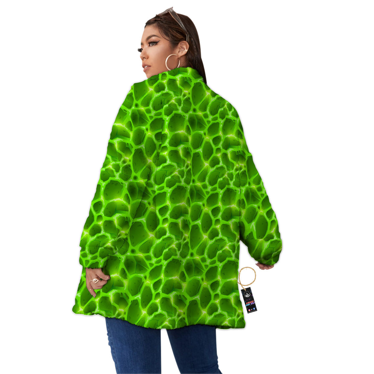 Liquid Lava Green Neon Print Pattern Women's Sherpa Jacket-grizzshop