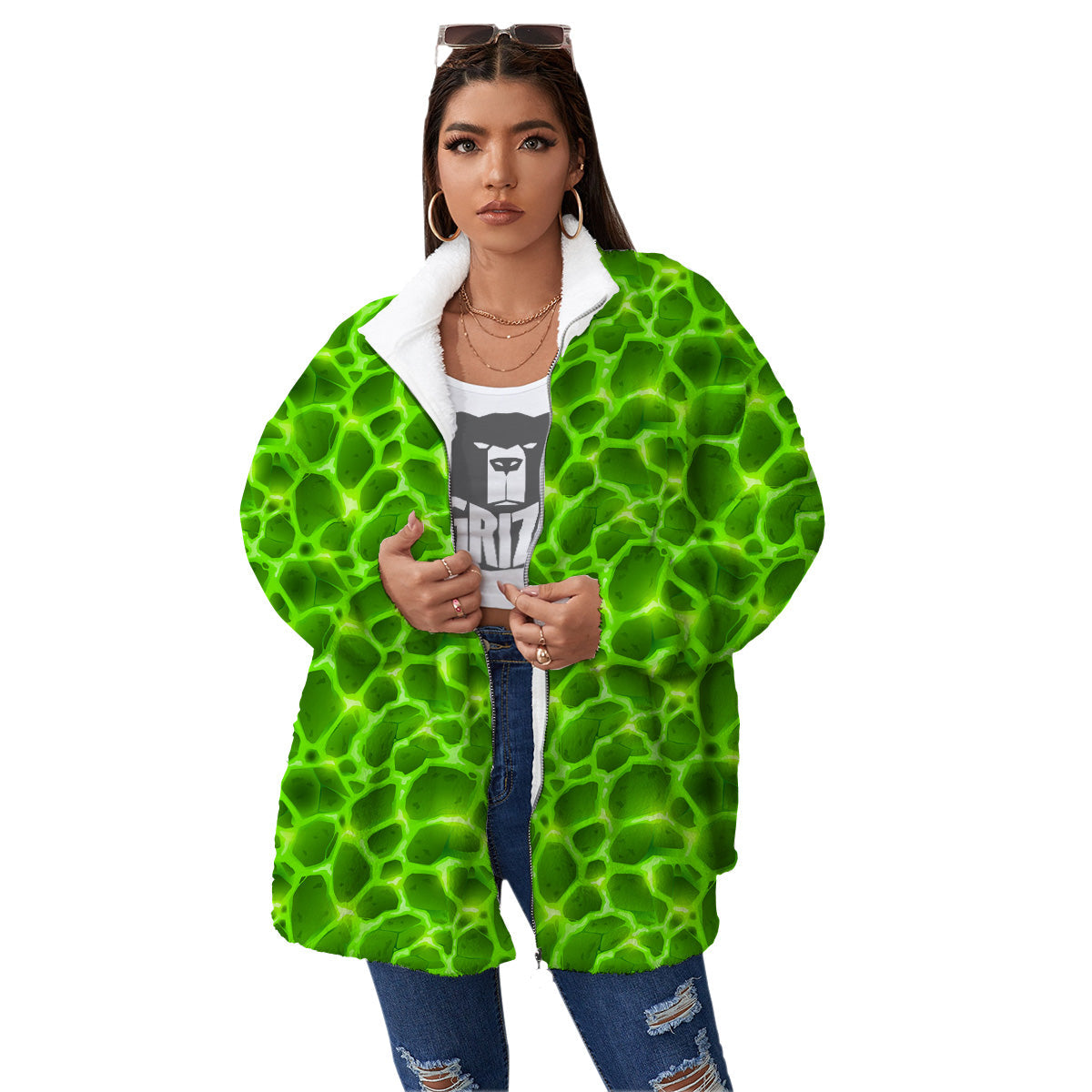 Liquid Lava Green Neon Print Pattern Women's Sherpa Jacket-grizzshop