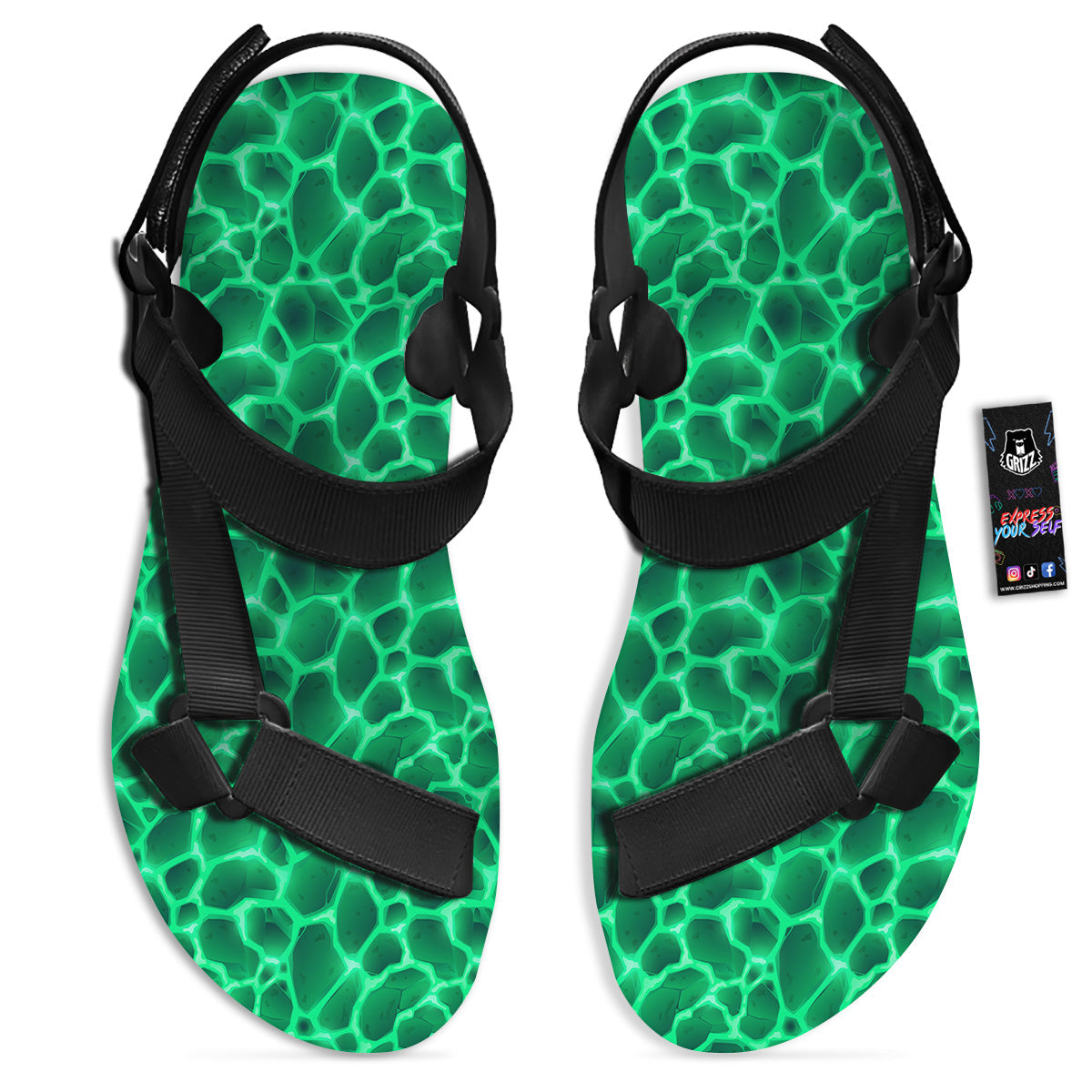 Liquid Lava Green Print Pattern Black Open Toe Sandals-grizzshop