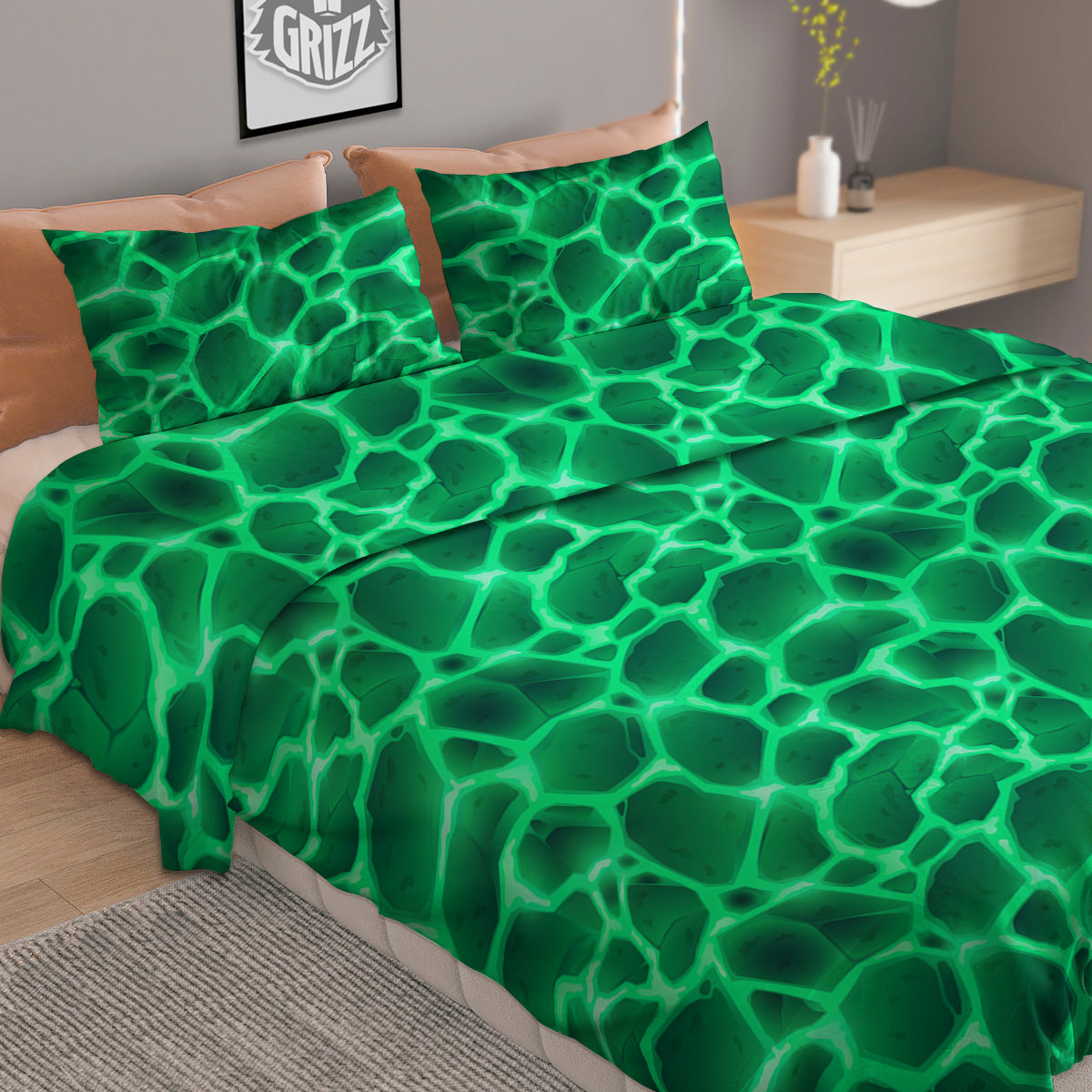 Liquid Lava Green Print Pattern Duvet Cover Bedding Set
