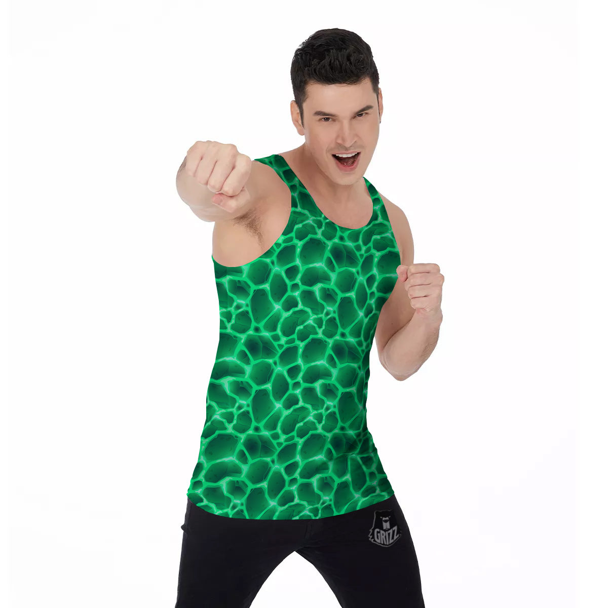 Liquid Lava Green Print Pattern Men's Tank Top-grizzshop