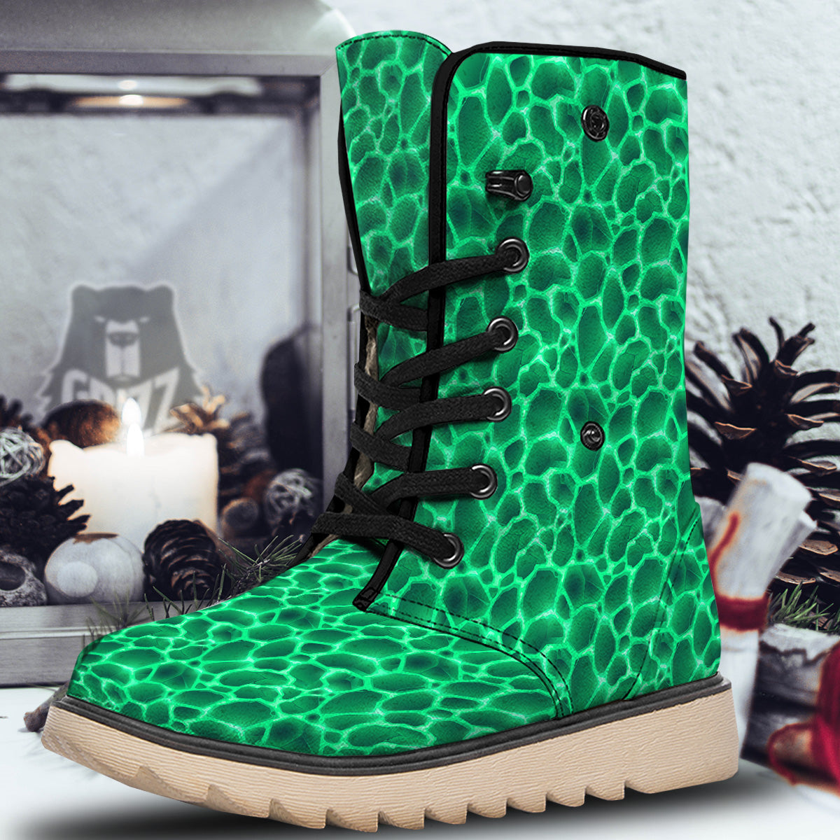 Liquid Lava Green Print Pattern Snow Boots-grizzshop