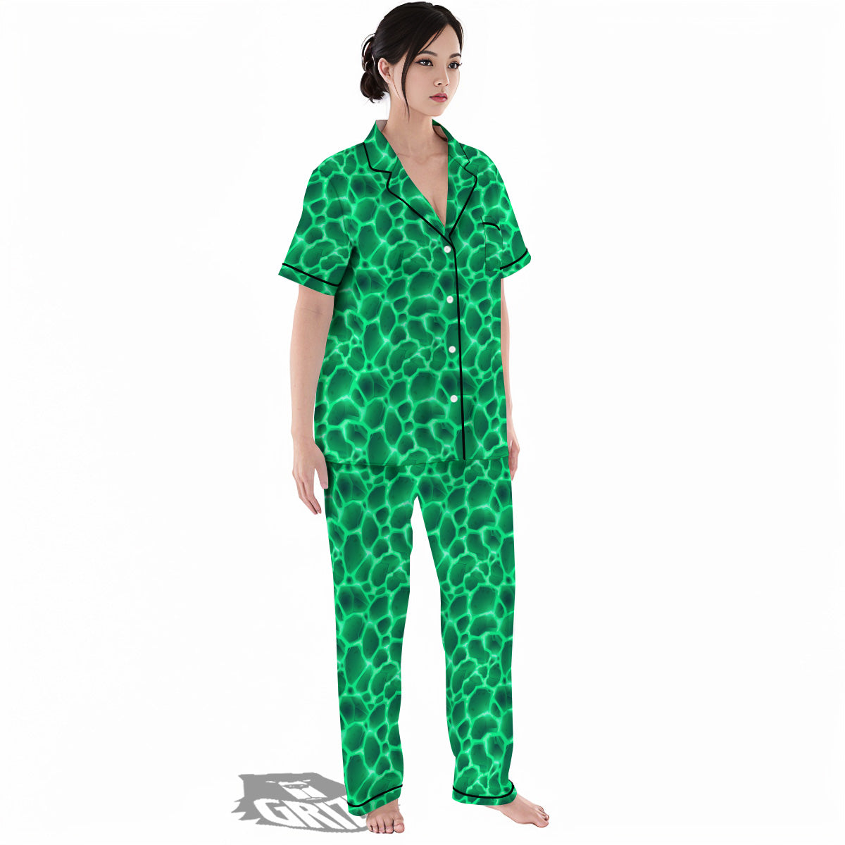 Liquid Lava Green Print Pattern Women's Pajamas Set-grizzshop