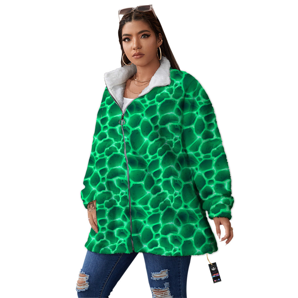 Liquid Lava Green Print Pattern Women's Sherpa Jacket-grizzshop
