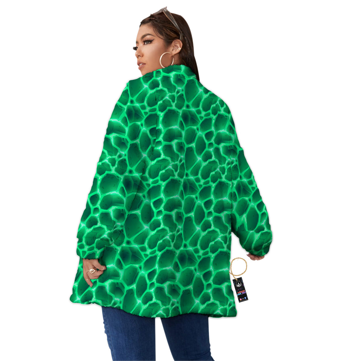 Liquid Lava Green Print Pattern Women's Sherpa Jacket-grizzshop