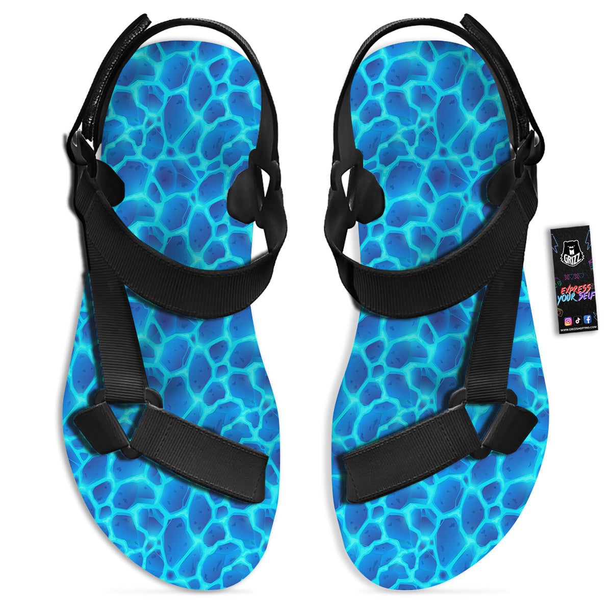 Liquid Lava Ice Blue Print Pattern Black Open Toe Sandals-grizzshop