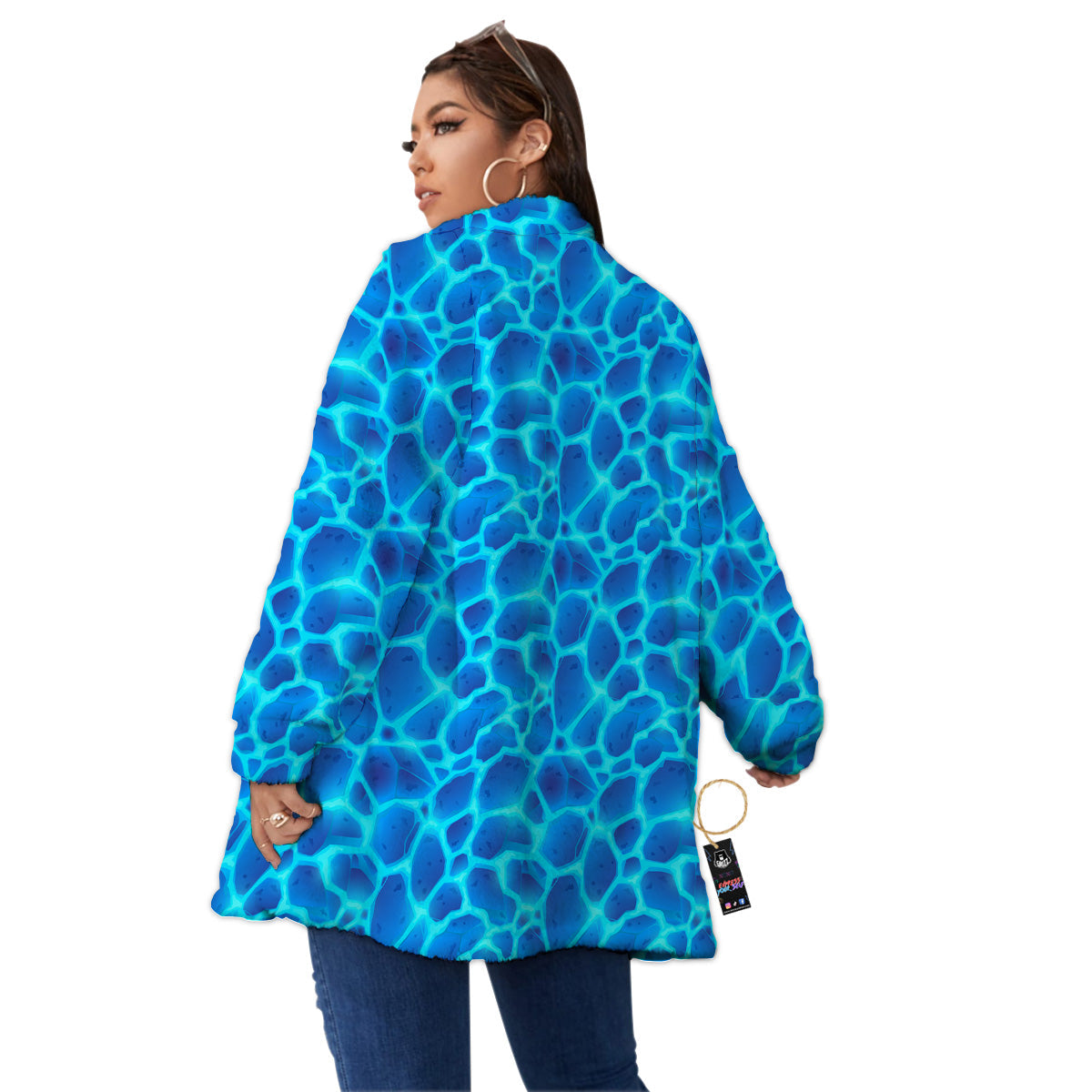 Liquid Lava Ice Blue Print Pattern Women's Sherpa Jacket-grizzshop