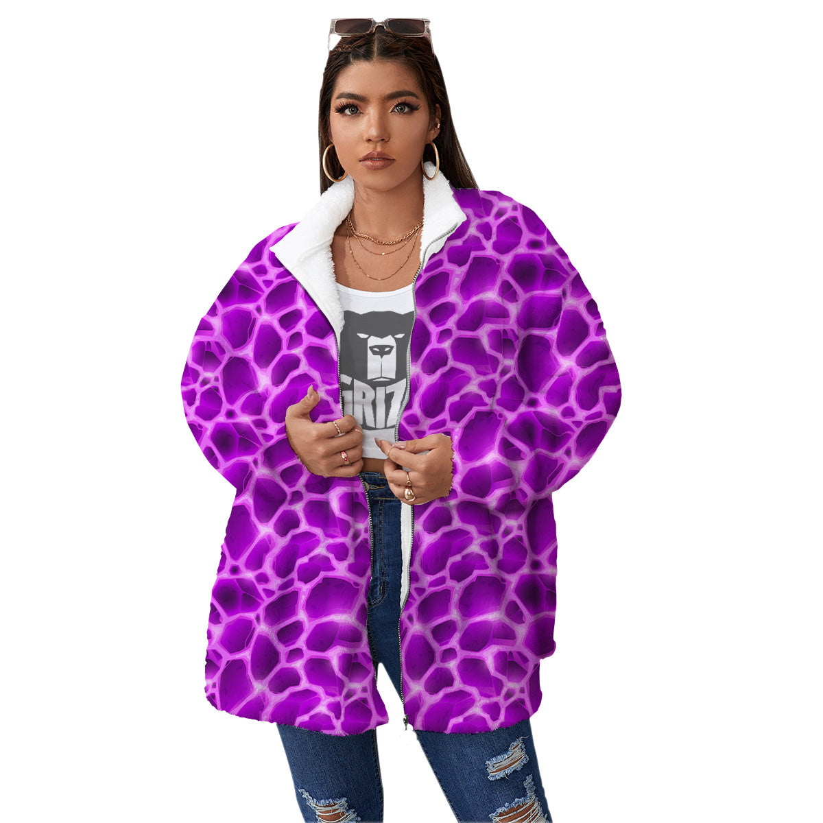 Liquid Lava Purple Print Pattern Women's Sherpa Jacket-grizzshop