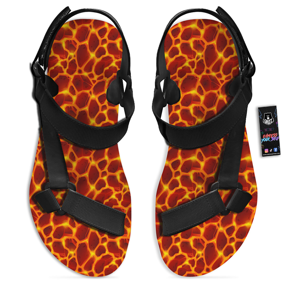 Liquid Lava Red Print Pattern Black Open Toe Sandals-grizzshop