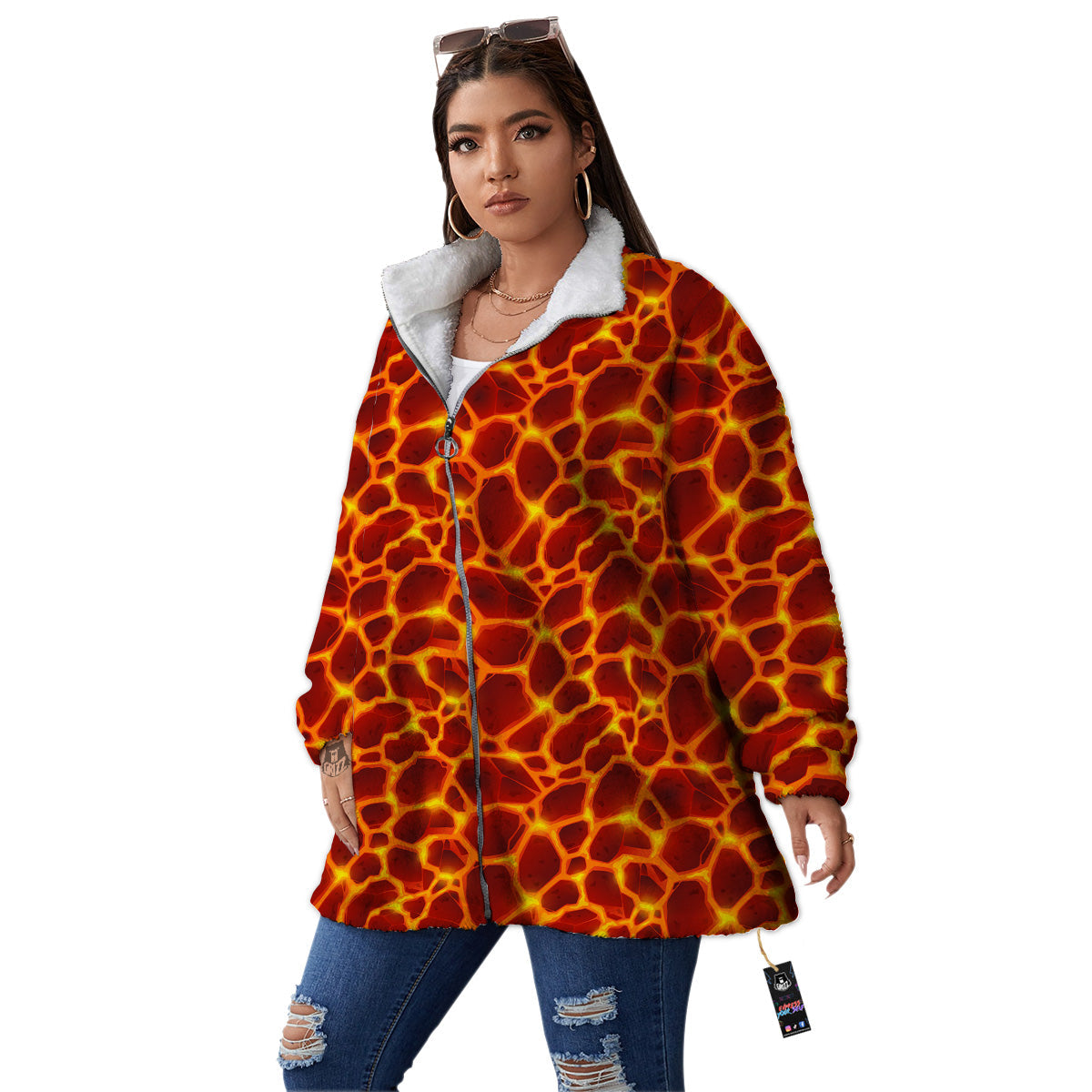 Liquid Lava Red Print Pattern Women's Sherpa Jacket-grizzshop