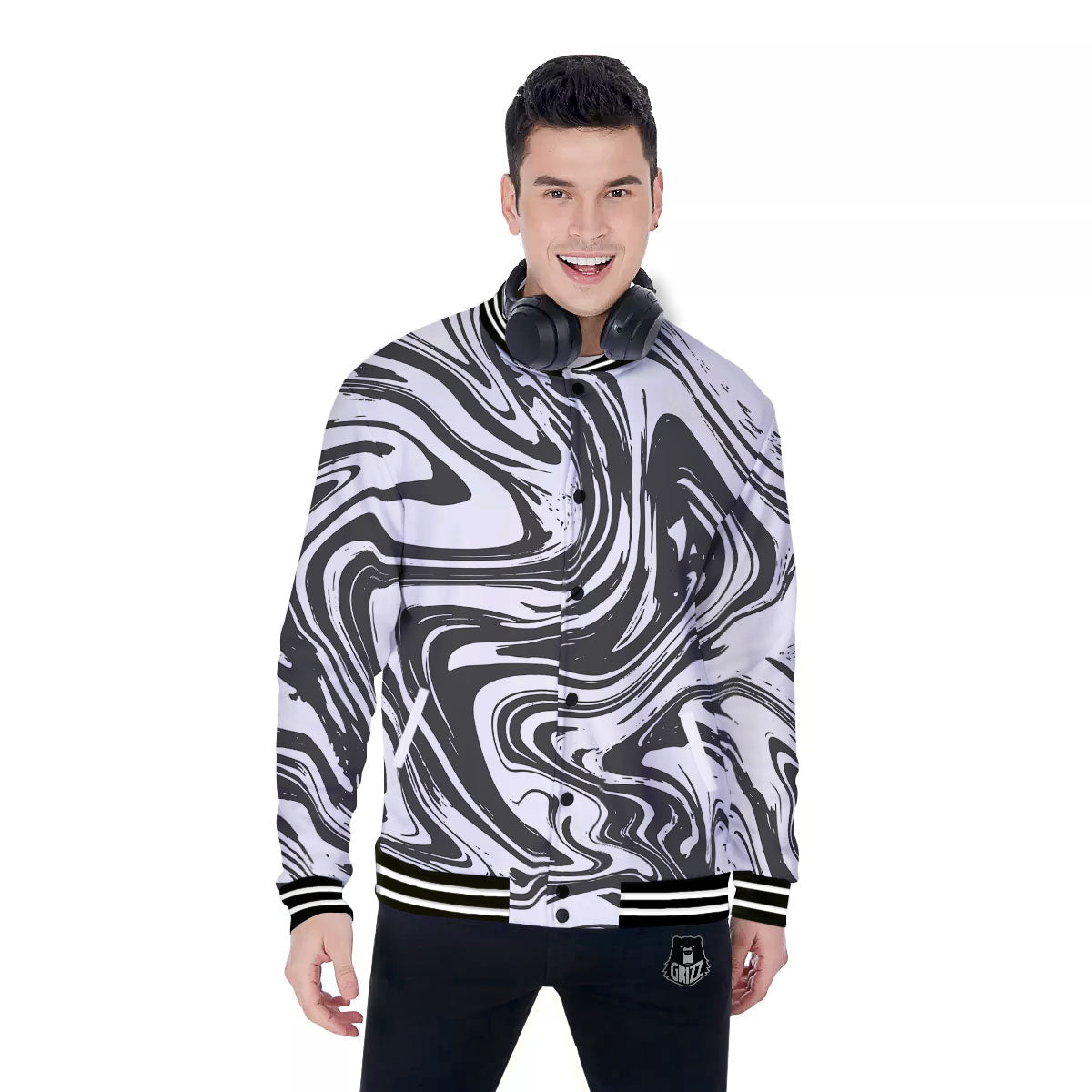 Liquid Marble Black White Print Baseball Jacket-grizzshop