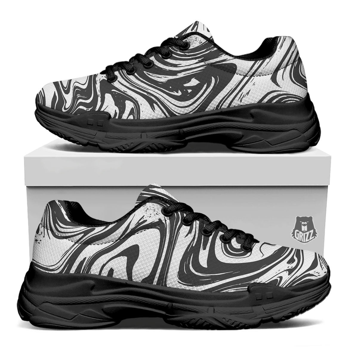 Liquid Marble Black White Print Black Chunky Shoes-grizzshop
