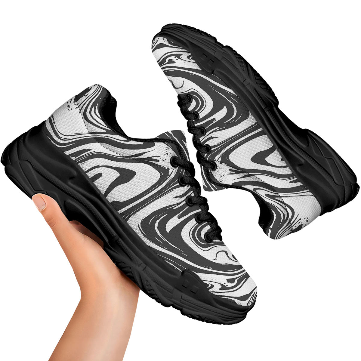 Liquid Marble Black White Print Black Chunky Shoes-grizzshop