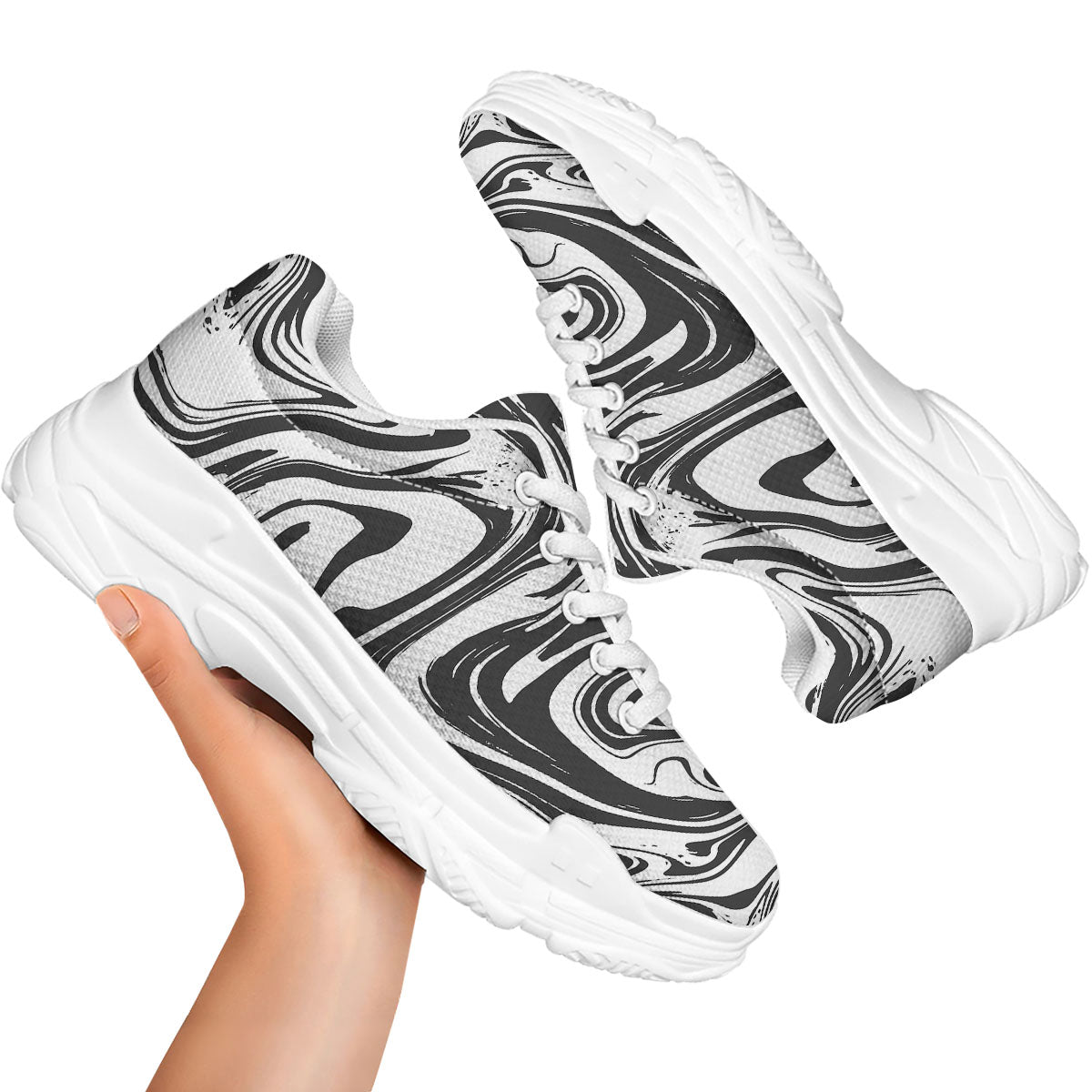 Liquid Marble Black White Print White Chunky Shoes-grizzshop