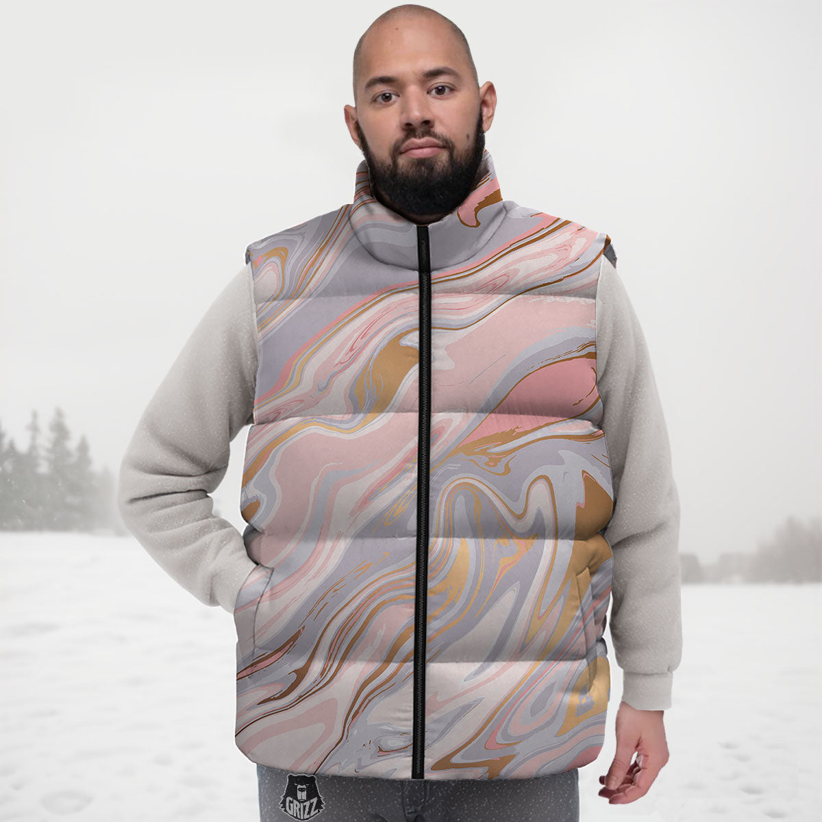 Liquid Marble Pink Print Down Vest-grizzshop