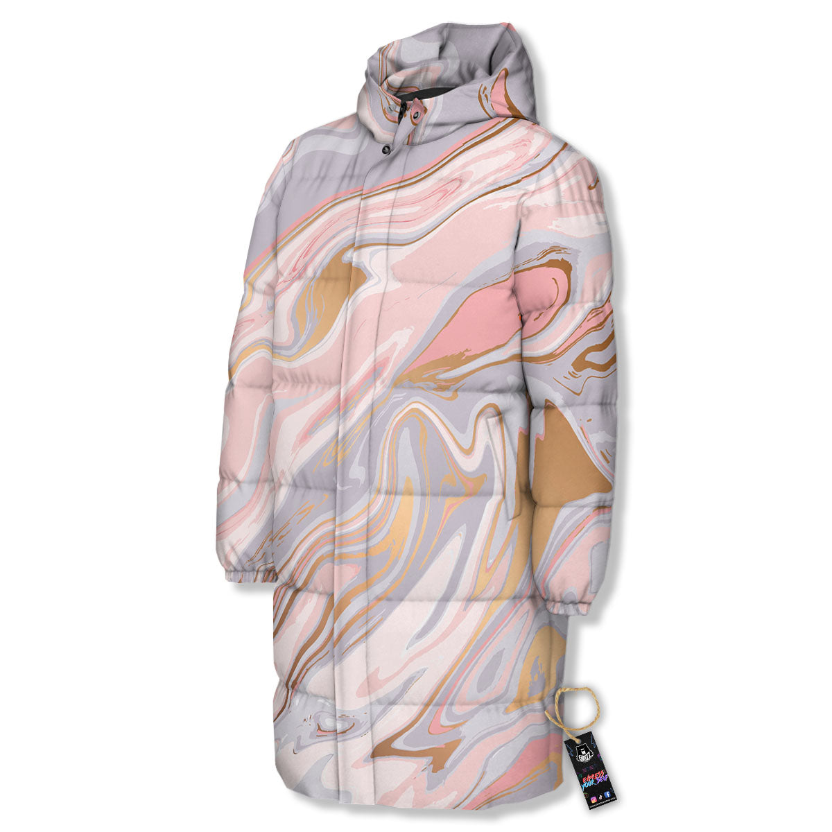 Liquid Marble Pink Print Long Down Jacket-grizzshop