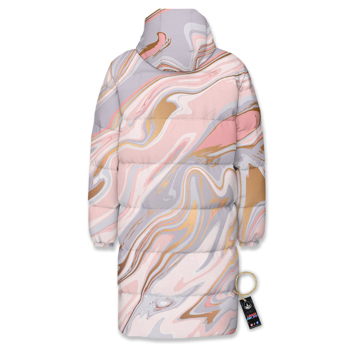 Liquid Marble Pink Print Long Down Jacket-grizzshop