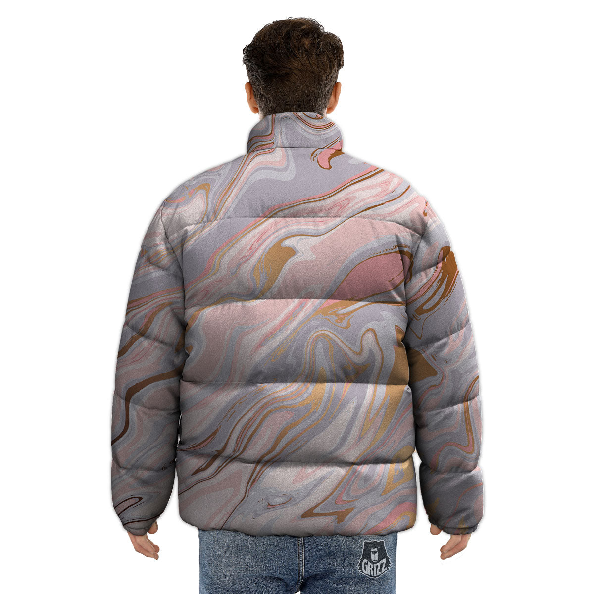 Liquid Marble Pink Print Puffer Jacket-grizzshop