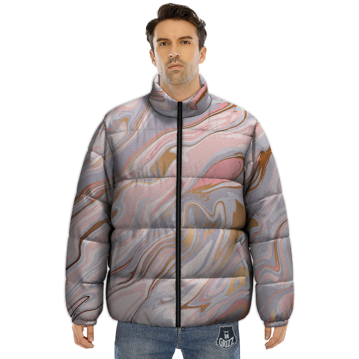 Liquid Marble Pink Print Puffer Jacket-grizzshop