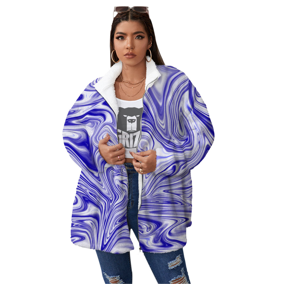 Liquid Psychedelic Print Pattern Women's Sherpa Jacket-grizzshop