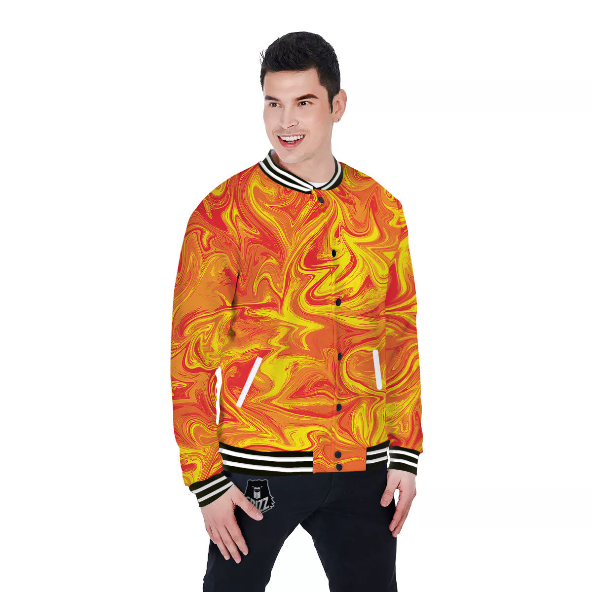 Liquid Psychedelic Trippy Orange Print Baseball Jacket-grizzshop