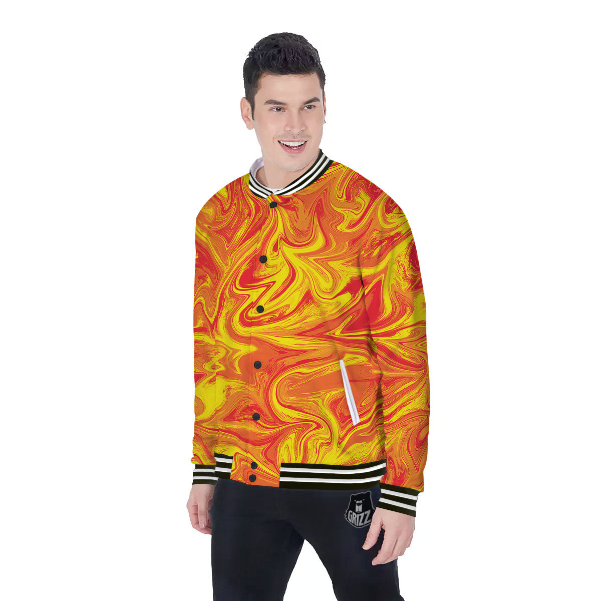 Liquid Psychedelic Trippy Orange Print Baseball Jacket-grizzshop