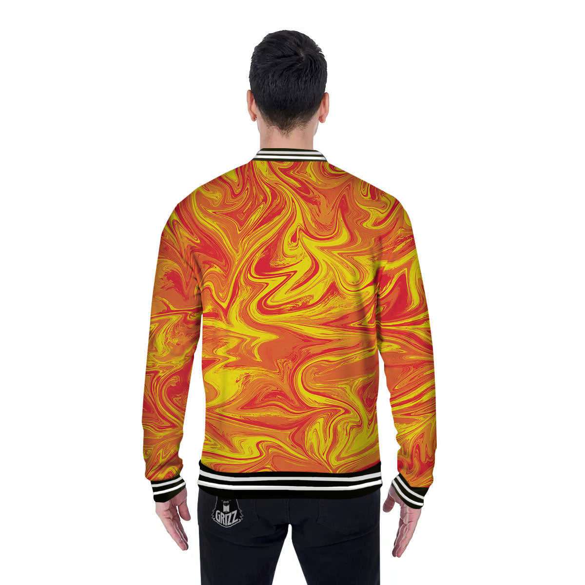 Liquid Psychedelic Trippy Orange Print Baseball Jacket-grizzshop