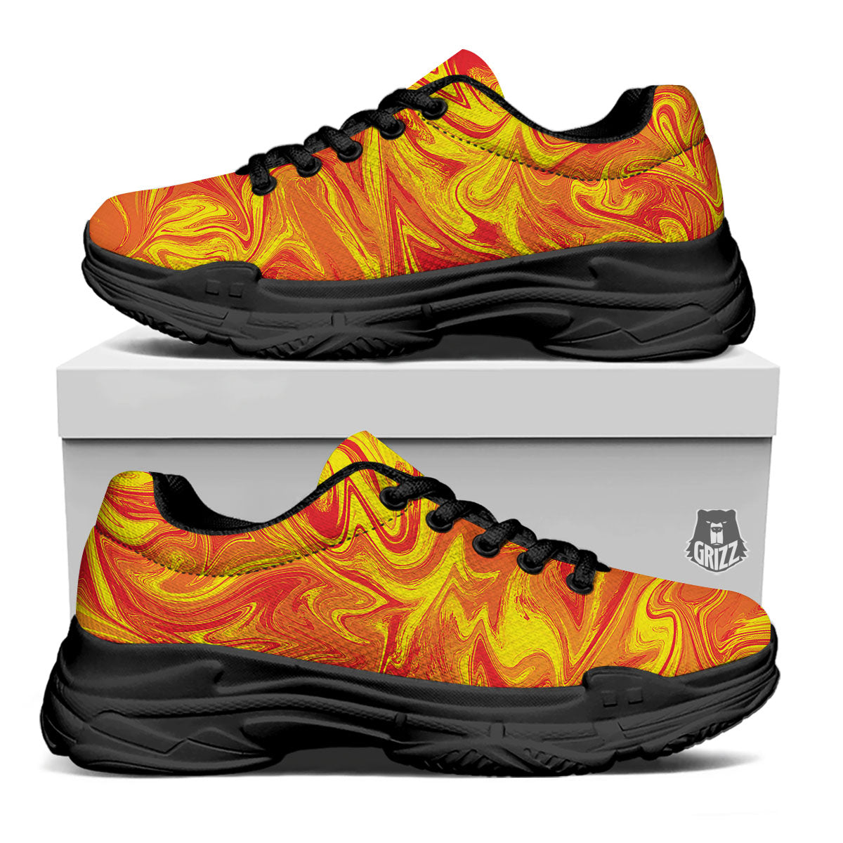 Liquid Psychedelic Trippy Orange Print Black Chunky Shoes-grizzshop