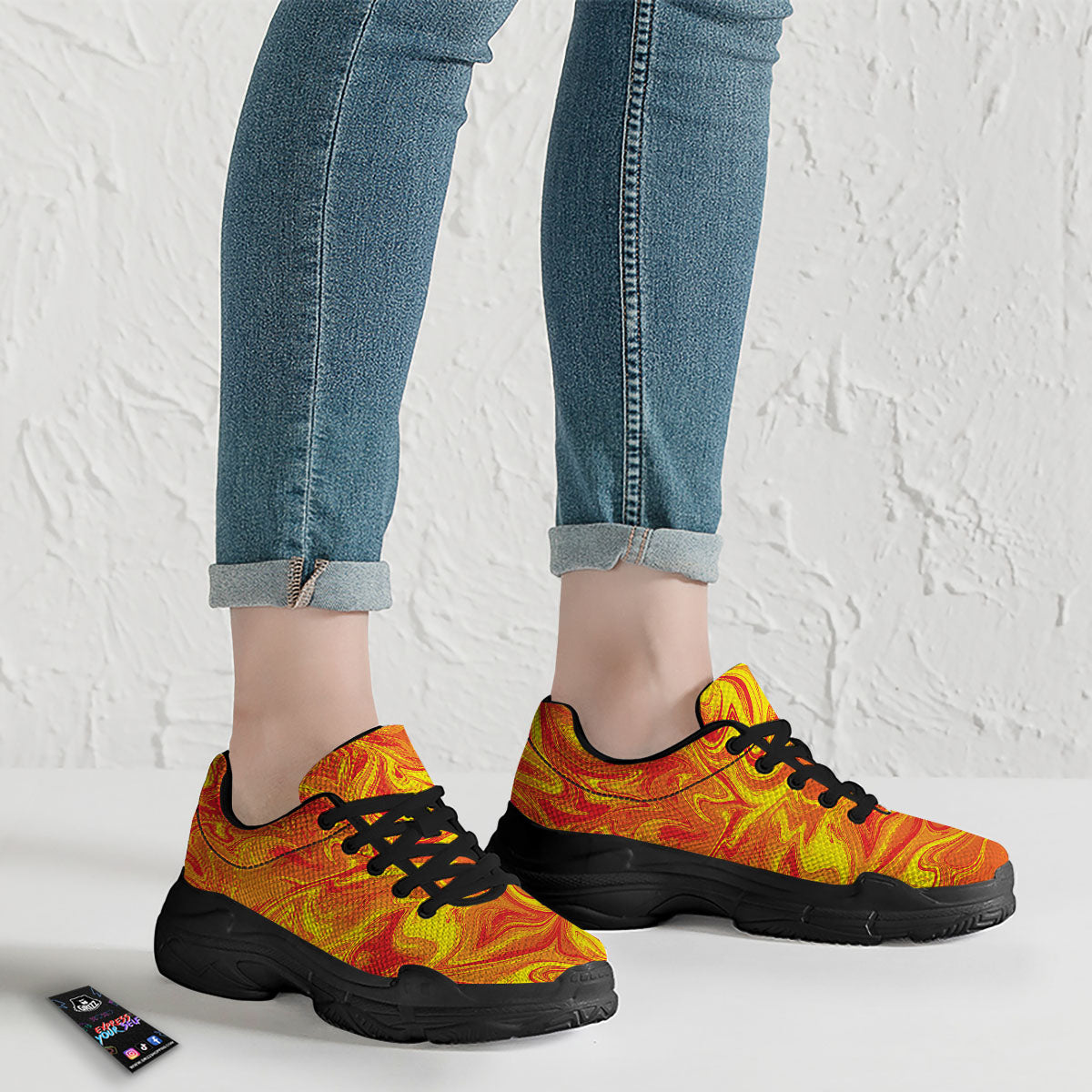 Liquid Psychedelic Trippy Orange Print Black Chunky Shoes-grizzshop