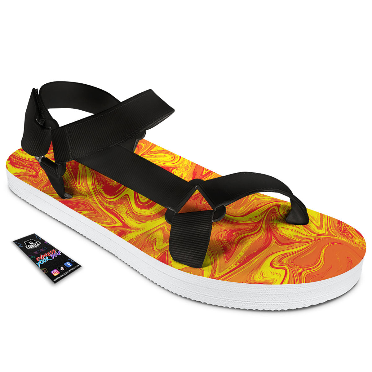 Liquid Psychedelic Trippy Orange Print Black Open Toe Sandals-grizzshop