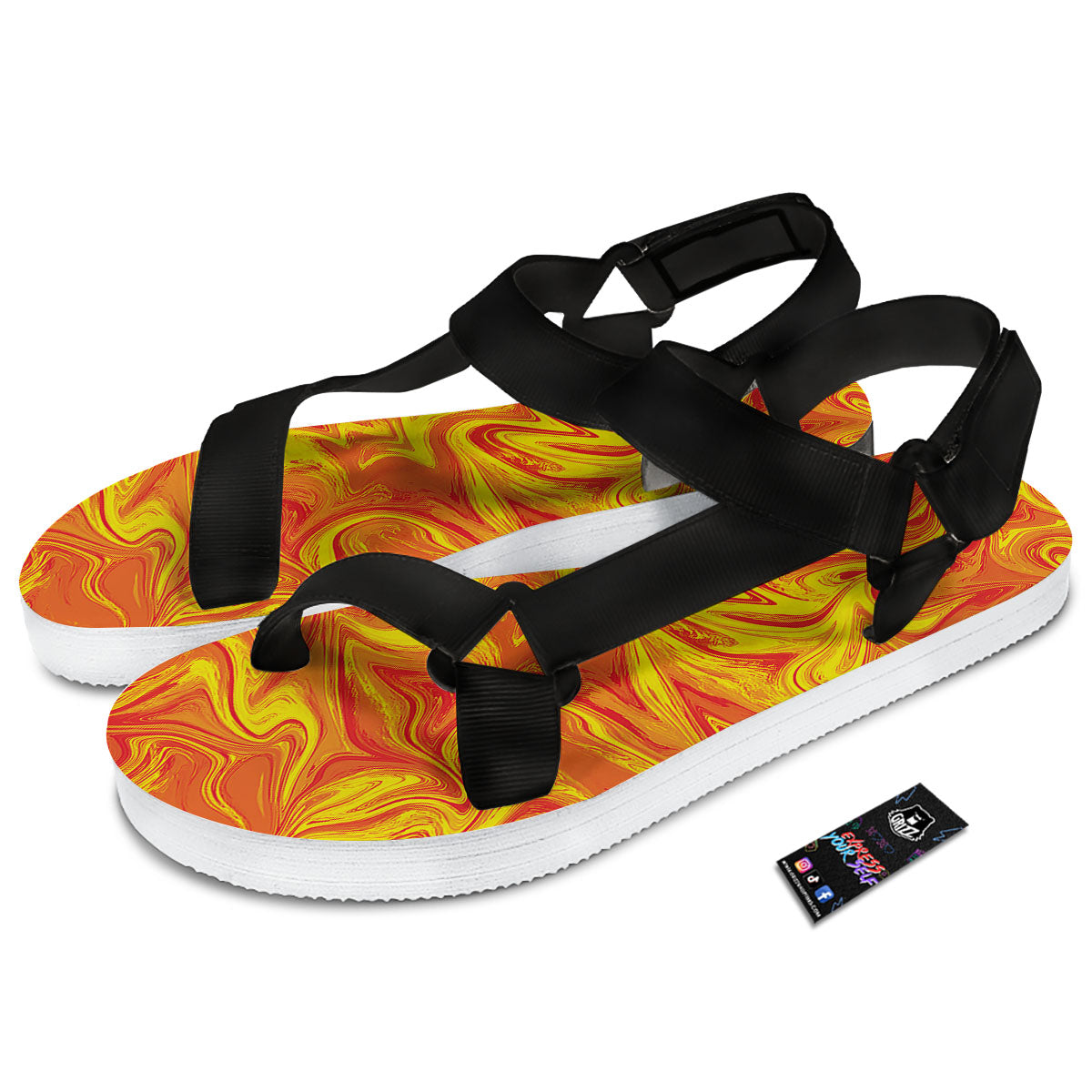 Liquid Psychedelic Trippy Orange Print Black Open Toe Sandals-grizzshop