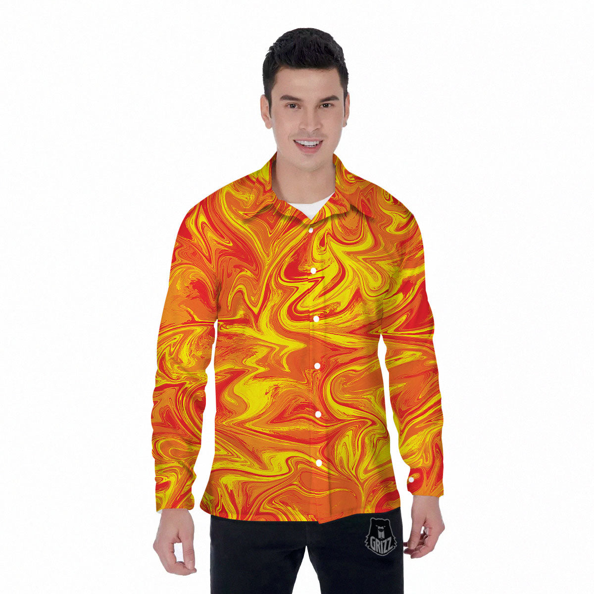 Liquid Psychedelic Trippy Orange Print Men's Long Sleeve Shirts-grizzshop